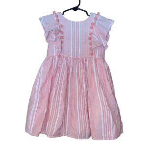 Laura Ashley Girls Striped Pink & White Ruffle Dress With Pom Pom Accents